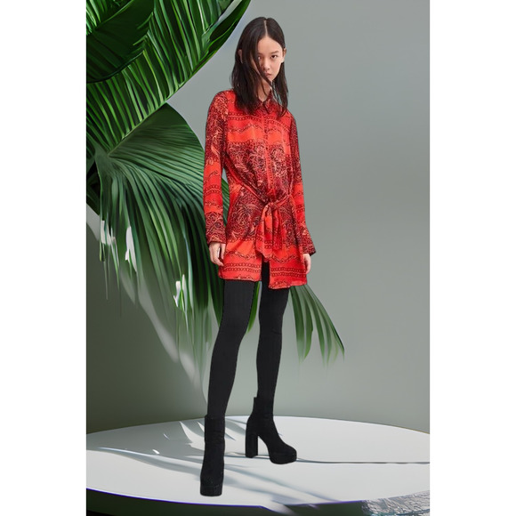 (50% OFF NWT) Zara Red Multi Paisley Scarf Tunic with "CHANEL VIBES" M - Picture 6 of 6